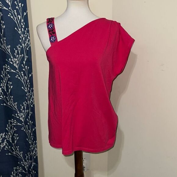Soft Surroundings Asymmetrical Sleeve Embroidered Flower Top Pink sz S Small - Picture 1 of 6